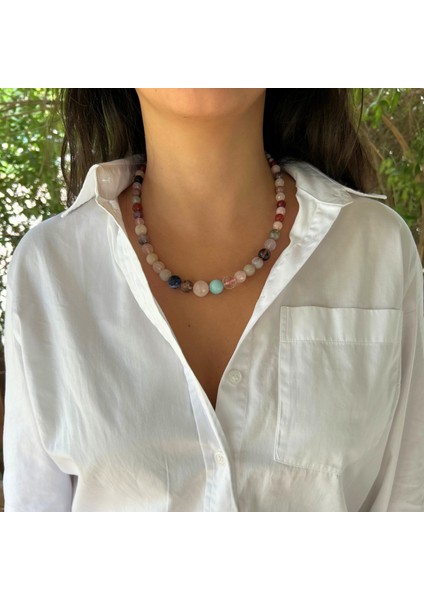 El Yapımı Pembe Kuvars Akik Yeşim Kuvars Ay Taşı Karışık Doğal Taş Özel Tasarım Kadın Doğaltaş Kolye fırsatları