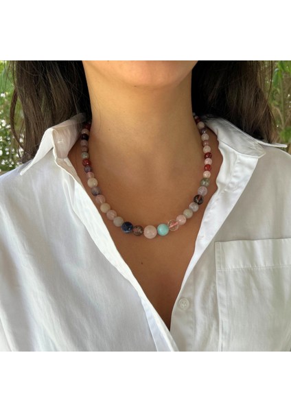 El Yapımı Pembe Kuvars Akik Yeşim Kuvars Ay Taşı Karışık Doğal Taş Özel Tasarım Kadın Doğaltaş Kolye indirimleri