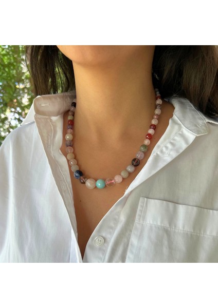 El Yapımı Pembe Kuvars Akik Yeşim Kuvars Ay Taşı Karışık Doğal Taş Özel Tasarım Kadın Doğaltaş Kolye