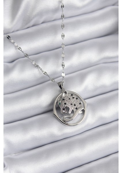 316L Çelik Gümüş Renk Zirkon Taşlı Jaguar Model Kadın Kolye