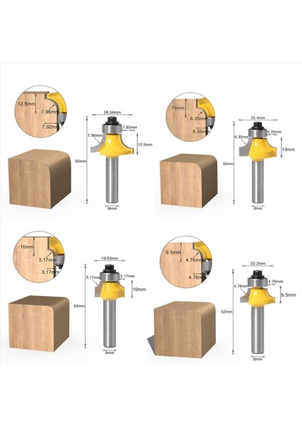 4pcs 8mm Shank Roundover Touter Bit Set-Wood Working Freze Kesici Kenar Yuvarlama ve Pahlatma (Yurt Dışından)