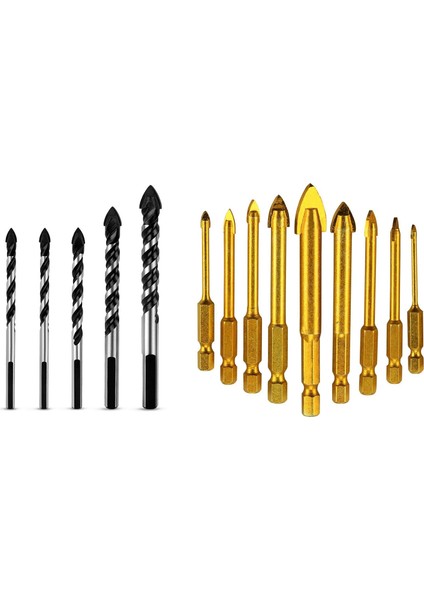 5 Pcs Çini Beton Tuğla Cam Plastik ve Ahşap Tungsten ve 9 Pcs Karo Matkap Seramik Matkap Seti Set Altıgen Karo Matkap Seti (Yurt Dışından)