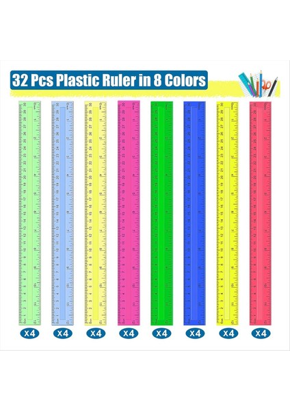 12 Inç Plastik Cetveller 32 Adet Şeffaf Çeşitli Renk Metrik Dökme Yöneticiler Inç Santimetre Milimetre (Yurt Dışından) fiyatları