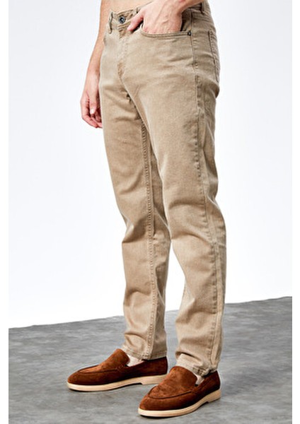 Erkek Bej Regular Fit Likralı Denim Boru Paça Kesim Kot Pantolon Benjamin