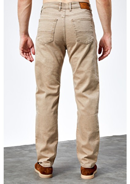Erkek Bej Regular Fit Likralı Denim Boru Paça Kesim Kot Pantolon Benjamin