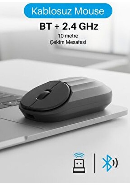 7657 Bluetooth + 2.4 Ghz Optik Şarj Edilebilir Sessiz Tuşlu Kablosuz Mouse