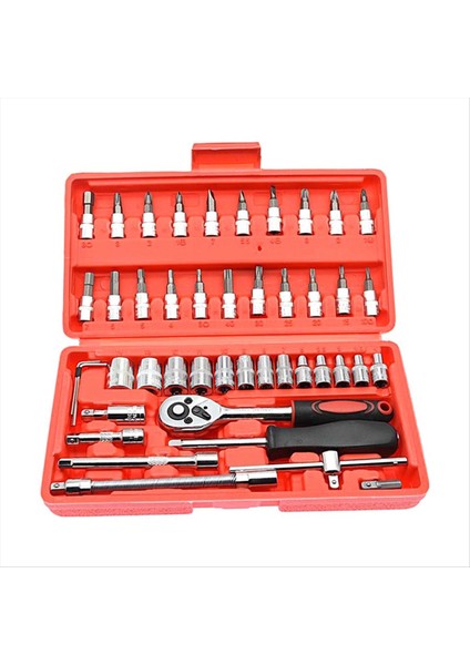 46 Parçalı Manşon Kombinasyonu 1/4 Cırcır Anahtarı Tornavida Soketi Sürgülü Çubuk Kare Mafsal Evrensel (Yurt Dışından)