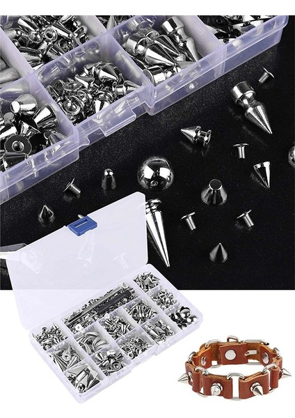 270 Set Sivri Uçlar ve Saplamalar Karışık Şekil Punk Spike Perçinler Metalik Koni Vidalar Deri Zanaat Için Kurulum Aracı ile (Yurt Dışından) fırsatları