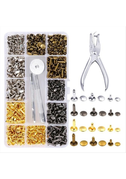 Deri Perçin Kiti 180 Set Çift Kapak Perçinleri Boru Şeklindeki 4 Renk 3 Boyutta Deri Perçin ve Enstantane Ince Deri Ceket Için (Yurt Dışından)