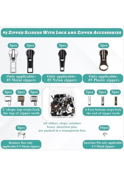 Fermuar Onarım Kiti 5 Fermuarı Değiştirme Kaydırıcı Kiti Fermuarlar Zip Kafa Alt Durağı ve Üst Düzenleme Fermper (Yurt Dışından) modelleri