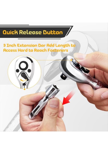 Güdük Ratchet Set-3/8in Drive Cırcır Sapı Uzatma Çubukları 72-T Tersinir Hızlı Serbest Bırakma Head Mini Cırcır Anahtarı (Yurt Dışından) fırsatları