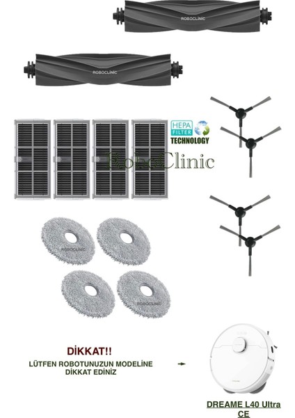 Dreame L40 Ultra Ce Robot Süpürge Uyumlu Yedek Fırça, Hepa Filtre, Mop Paspas Set-14 Parça