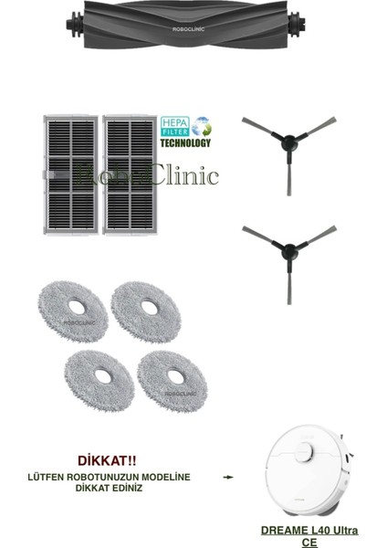 Dreame L40 Ultra Ce Robot Süpürge Uyumlu Yedek Fırça, Hepa Filtre, Mop Paspas Set-9 Parça