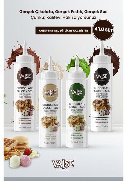 Gerçek Antep Fıstıklı, Gerçek Çikolatalı Sos Set 4 x 330 gr (Antep Fıstıklı, Sütlü ,beyaz, Bitter)