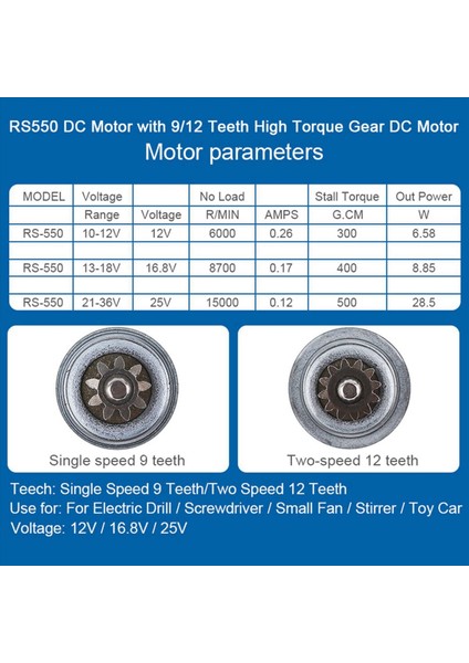 Elektrikli Matkap/tornavida Için Iki Vitesli 11 Diş ve Yüksek Tork Dişli Kutusu ile 2x RS550 18V 19500 Rpm Dc Motor (Yurt Dışından) fiyatları