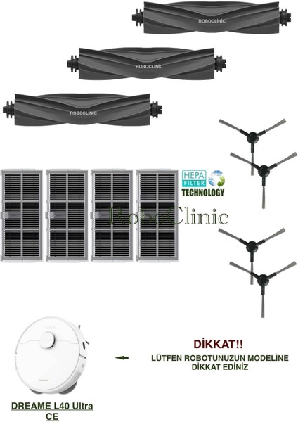 Dreame L40 Ultra Ce Robot Süpürge Uyumlu Yedek Fırça, Hepa Filtre Seti-11 Parça