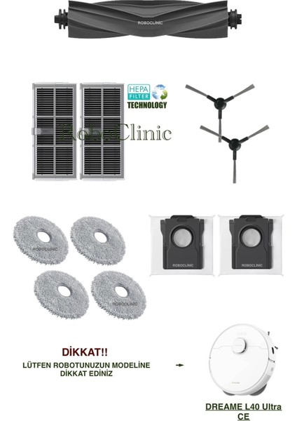 Dreame L40 Ultra Ce Robot Süpürge Uyumlu Yedek Toz Torbası, Fırça, Hepa Filtre, Mop Seti-11 Parça