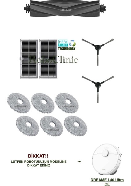 Dreame L40 Ultra Ce Robot Süpürge Uyumlu Yedek Fırça, Hepa Filtre, Mop Paspas Set-11 Parça