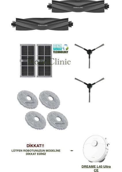 Dreame L40 Ultra Ce Robot Süpürge Uyumlu Yedek Fırça, Hepa Filtre, Mop Paspas Seti-10 Parça