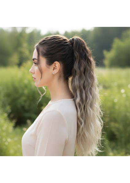 Lastik Tokalı At Kuyruğu Kabarık Afro Dalgalı / Kumral / Beyaz Platin Ombre