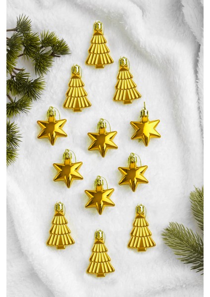 12LI Yıldız ve Ağaç Figürlü Yılbaşı Süsü Altın