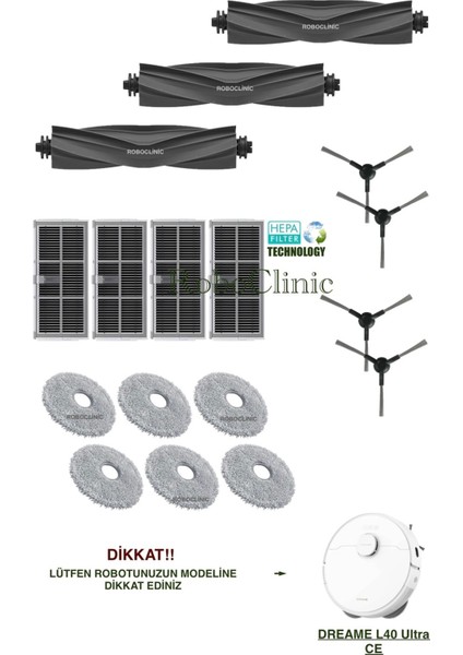 Dreame L40 Ultra Ce Robot Süpürge Uyumlu Yedek Fırça, Hepa Filtre, Mop Paspas Set-17 Parça