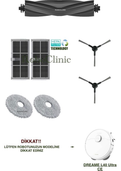 Dreame L40 Ultra Ce Robot Süpürge Uyumlu Yedek Fırça, Hepa Filtre, Mop Paspas Set-7 Parça