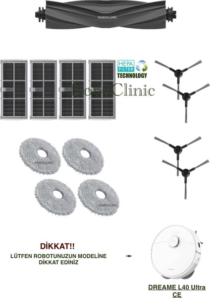Dreame L40 Ultra Ce Robot Süpürge Uyumlu Yedek Fırça, Hepa Filtre, Mop Paspas Set-13 Parça