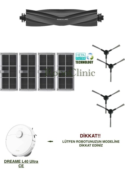 Dreame L40 Ultra Ce Robot Süpürge Uyumlu Yedek Fırça, Hepa Filtre Seti-9 Parça