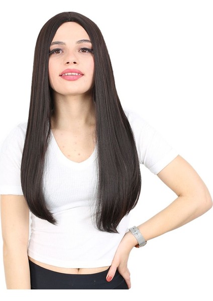 Fiber Sentetik Uzun Düz Peruk / Kahverengi