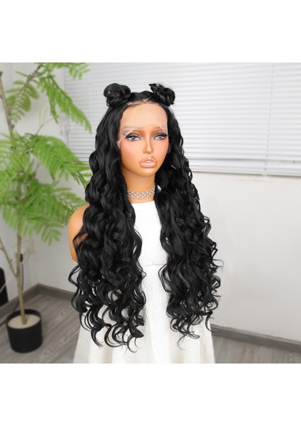 Siyah Fiber Sentetik Yoğun Dalgalı Tül Peruk modelleri