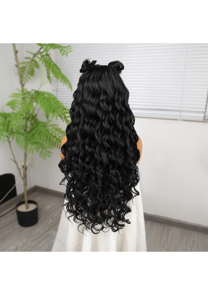Siyah Fiber Sentetik Yoğun Dalgalı Tül Peruk indirimleri