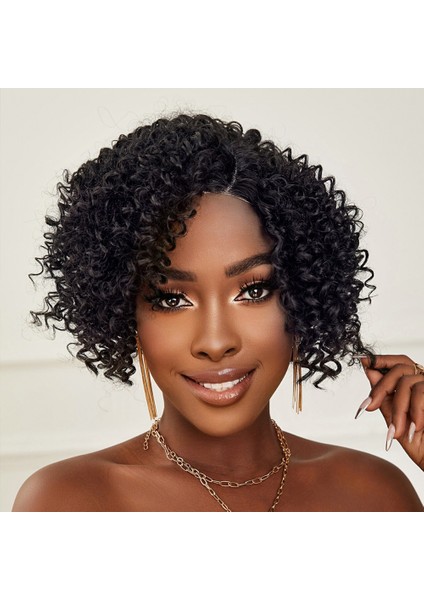 Siyah Kısa Afro Yan Tül Peruk