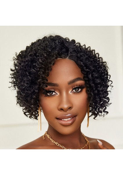 Siyah Kısa Afro Yan Tül Peruk modelleri