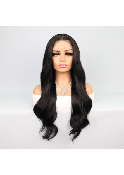 Siyah Uzun Hafif Dalgalı Fiber Sentetik Tül Peruk