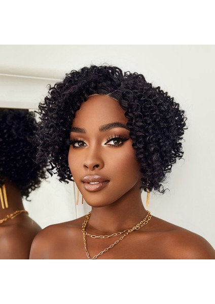 Siyah Kısa Afro Yan Tül Peruk indirimleri