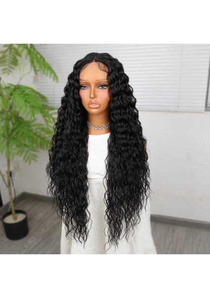 Yoğun Dalga Siyah Fiber Sentetik Geniş T Tül Peruk modelleri