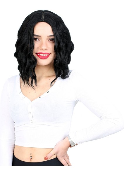 Fiber Sentetik Kısa Dalgalı Perçemsiz Peruk / Siyah