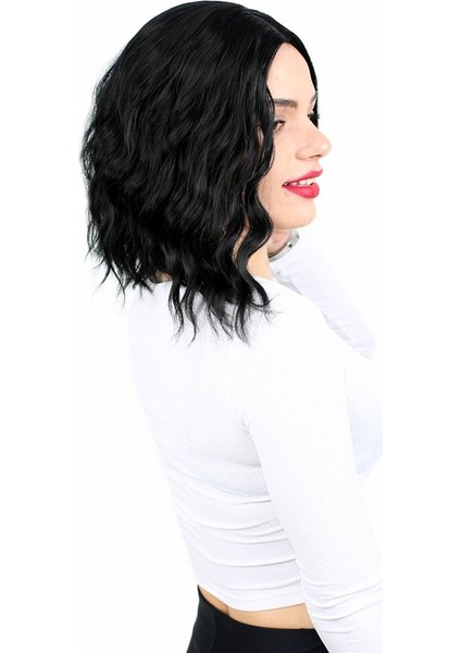 Fiber Sentetik Kısa Dalgalı Perçemsiz Peruk / Siyah fiyatları