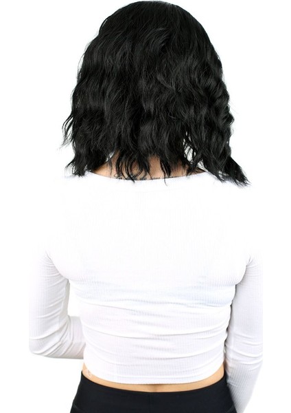 Fiber Sentetik Kısa Dalgalı Perçemsiz Peruk / Siyah fırsatları