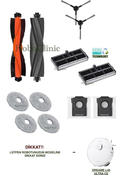 Dreame L40 Ultra Ce Robot Süpürge Uyumlu Yedek Kauçuk ve Kılfırça, Toz Torbası, Filtre, Mop-12 Parça