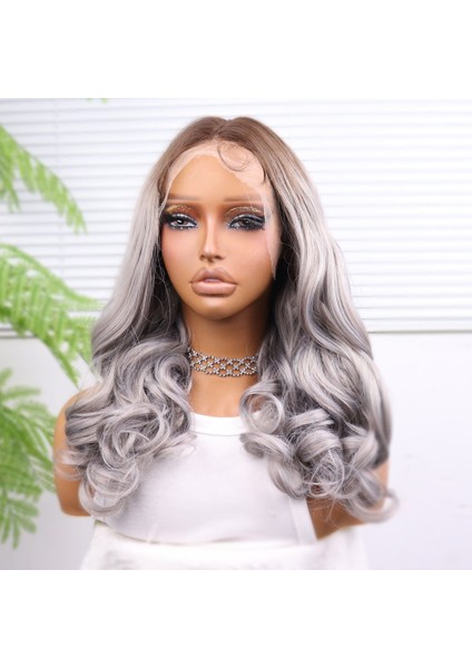 Açık Kumral Gri Ombreli Bebek Saçlı Geniş Dalgalı Fiber Sentetik Tül Peruk fırsatları