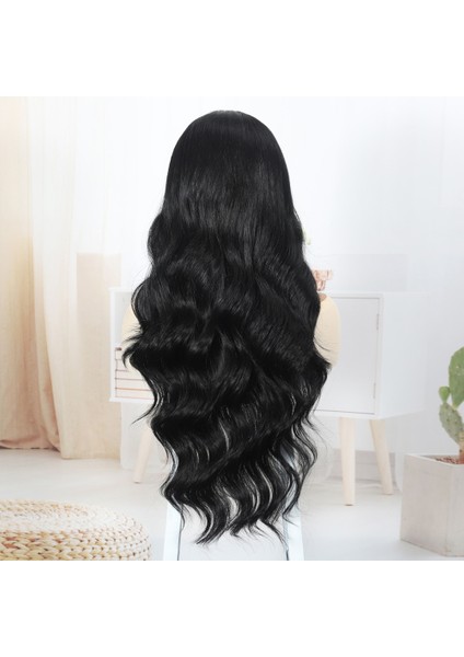 Siyah Fiber Sentetik Su Dalgalı Tül Peruk indirimleri