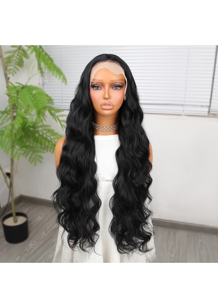 Siyah Ekstra Uzun Fiber Sentetik Dalgalı Tül Peruk