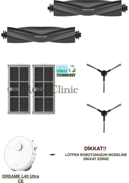 Dreame L40 Ultra Ce Robot Süpürge Uyumlu Yedek Fırça, Hepa Filtre Seti-6 Parça