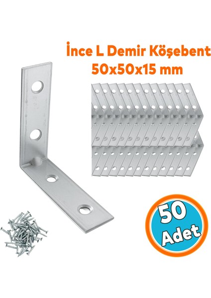 Metal Köşebent 50X50X15 mm (50 Adet) Ince L Demiri Gönye Mobilya Duvar Sabitleme Bağlantı Aparatı