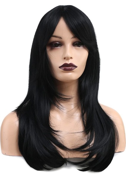 Katlı Kesim Perçemli Düz Fiber Sentetik Orta Boy Peruk / Siyah fiyatları