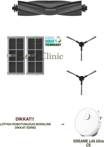 Dreame L40 Ultra Ce Robot Süpürge Uyumlu Yedek Fırça, Hepa Filtre Seti-5 Parça