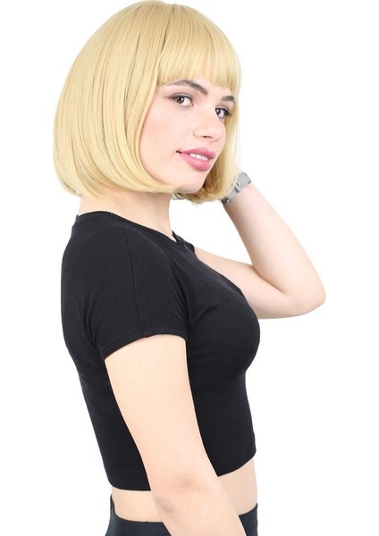 Kısa Küt Perçemli Fiber Sentetik Peruk / Sarı fiyatları