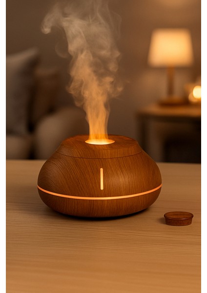 Dekoratif Ahşap Görünümlü Hava Nemlendirici Rgb Işıklı Sessiz Ultrasonik Aromaterapi 200 ml